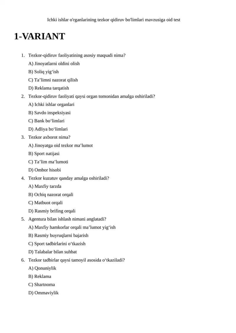 Ichki ishlar o'rganlarining tezkor qidiruv bo'limlari mavzusiga oid test