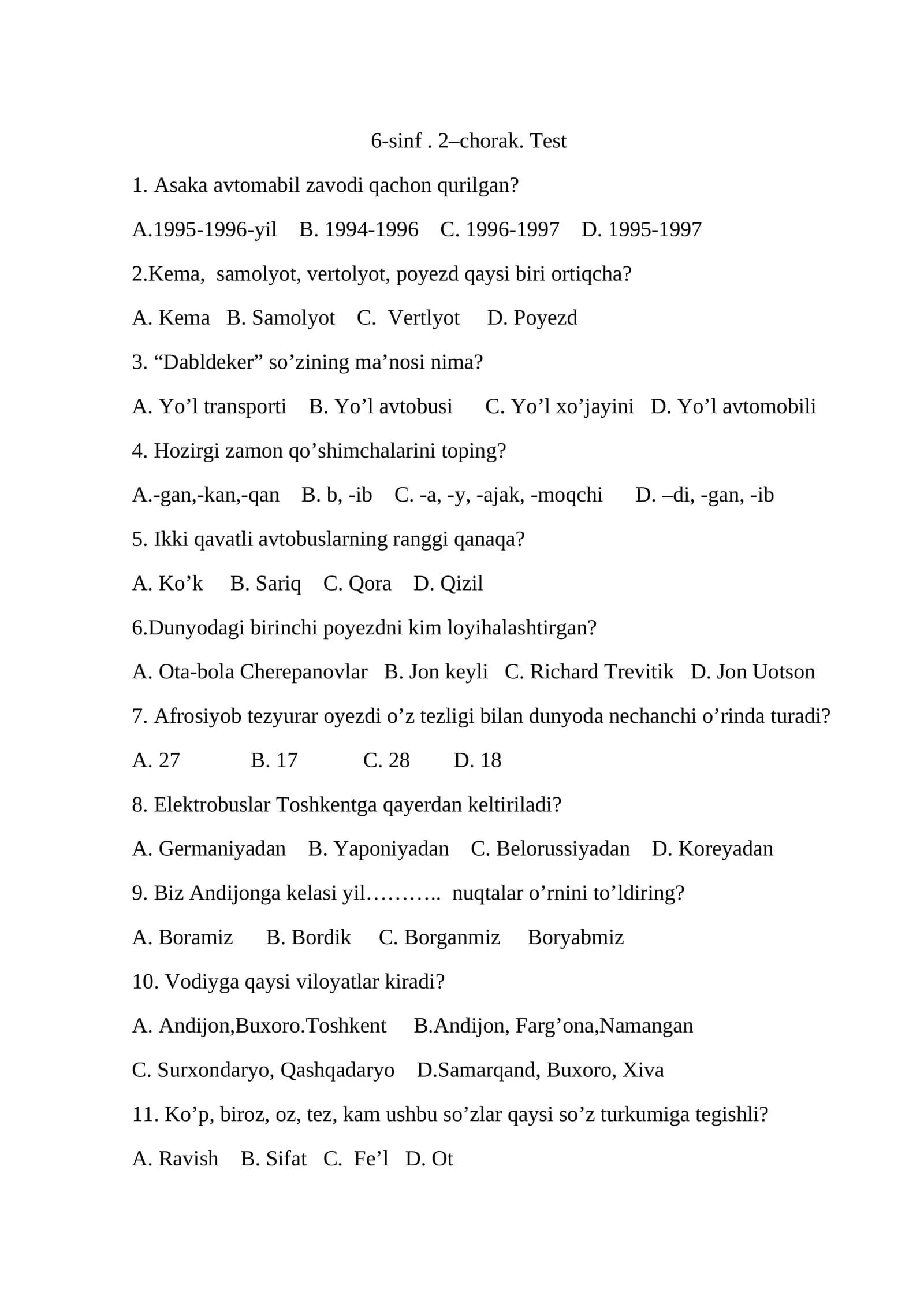 6-sinf. 2–chorak. Test