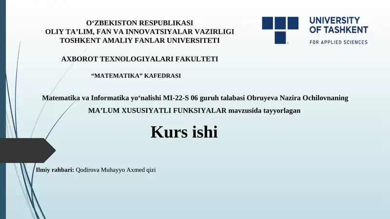 MA’LUM XUSUSIYATLI FUNKSIYALAR