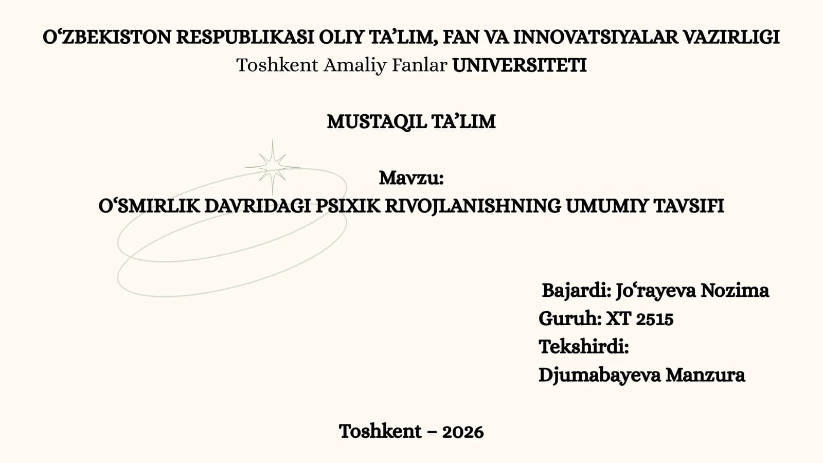 O‘SMIRLIK DAVRIDAGI PSIXIK RIVOJLANISHNING UMUMIY TAVSIFI