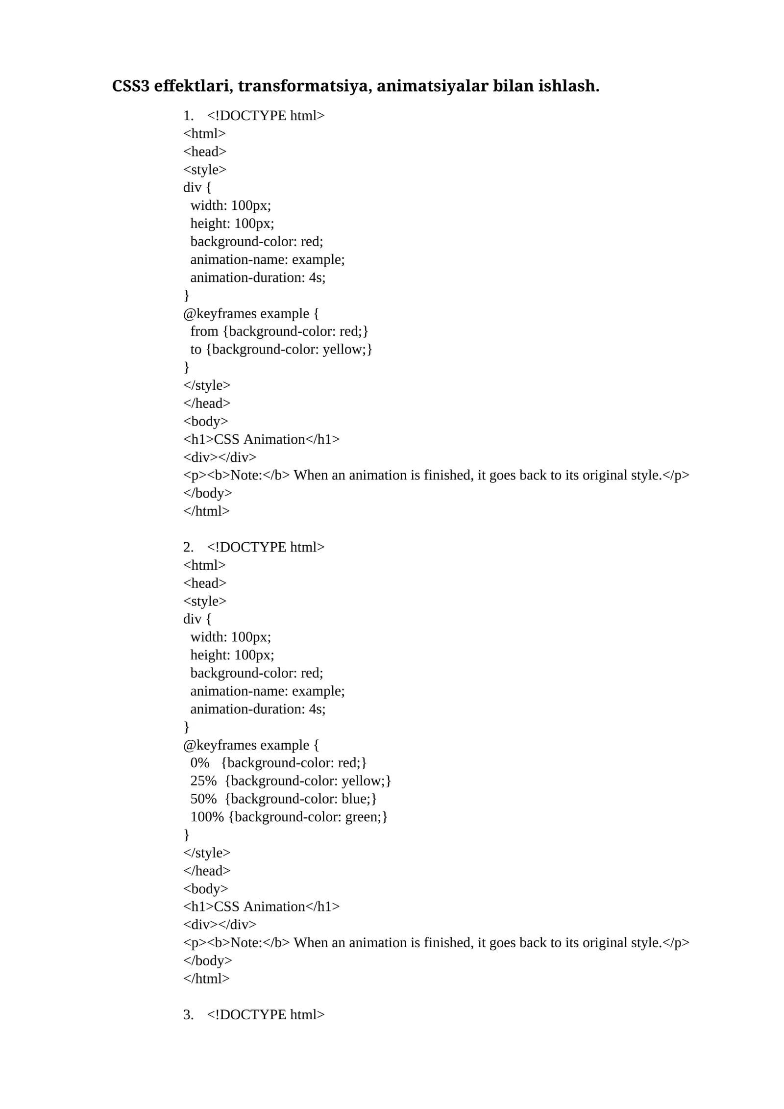 CSS3 effektlari, transformatsiya, animatsiyalar bilan ishlash