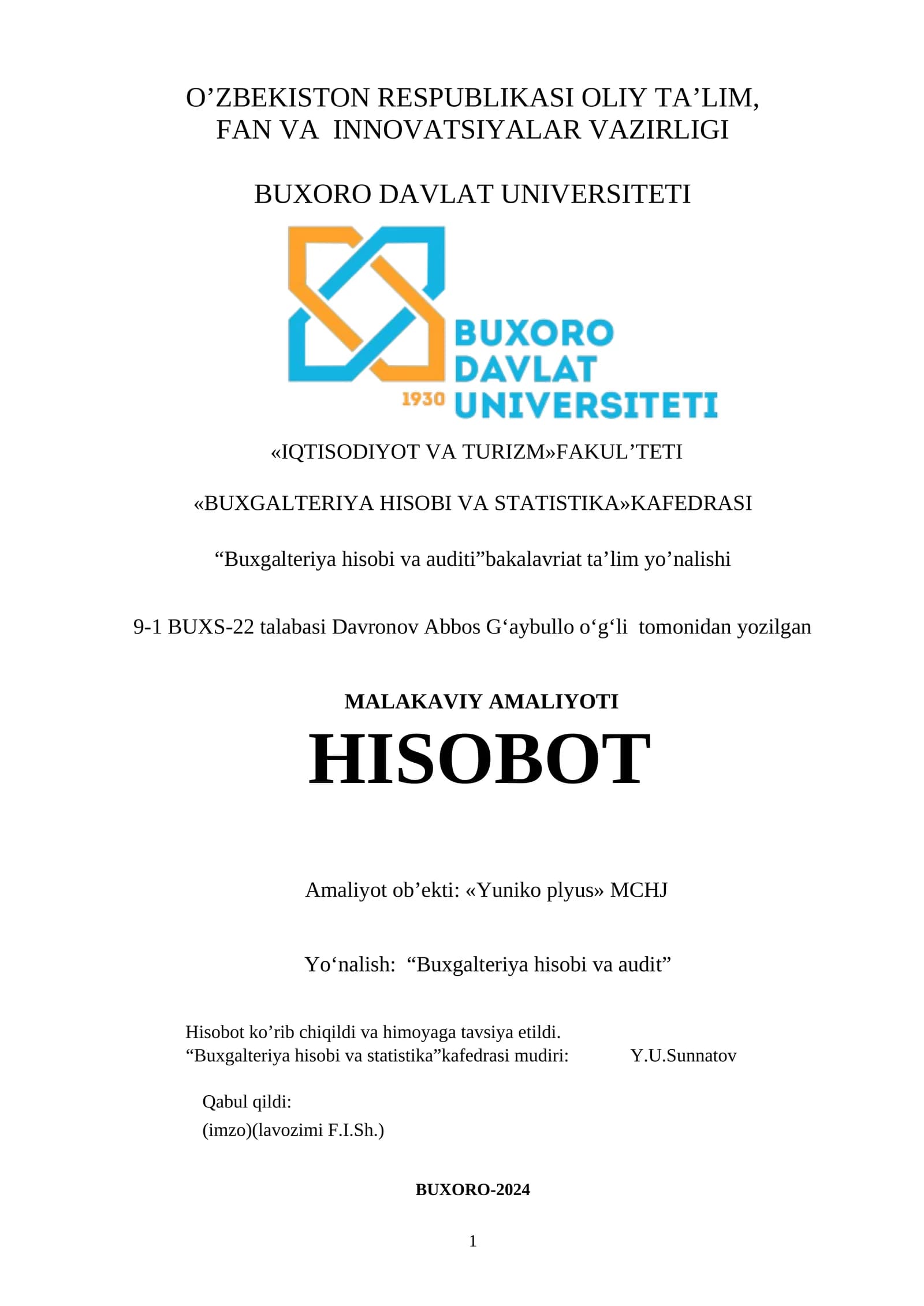 Tamaki tovarlar oldi sotdisi faoliyatli mchj.  Amaliyot hisoboti