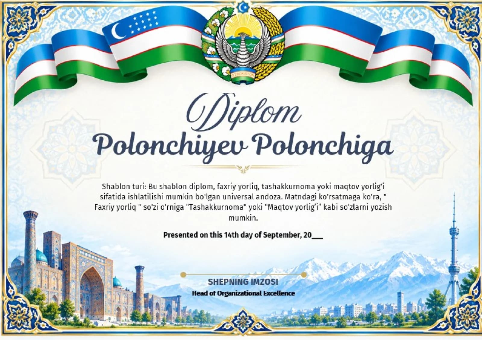Shablon diplom, sertifikat, faxriy yorliq, tashakkurnoma yoki maqtov yorlig'i