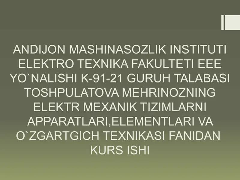 Kurs ishini bajarish uchun boshlang’ich ma’lumotlar