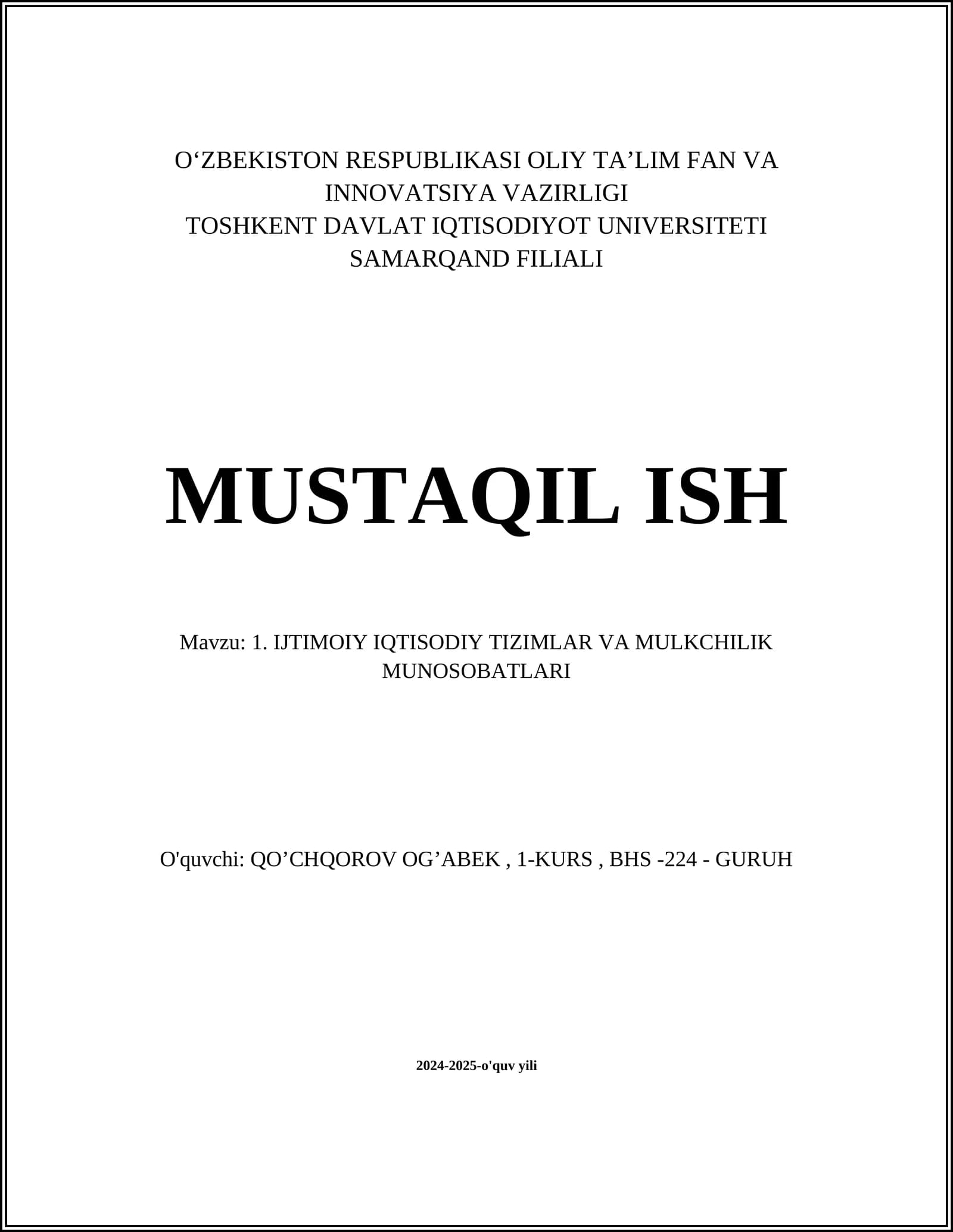IJTIMOIY IQTISODIY TIZIMLAR VA MULKCHILIK MUNOSOBATLARI