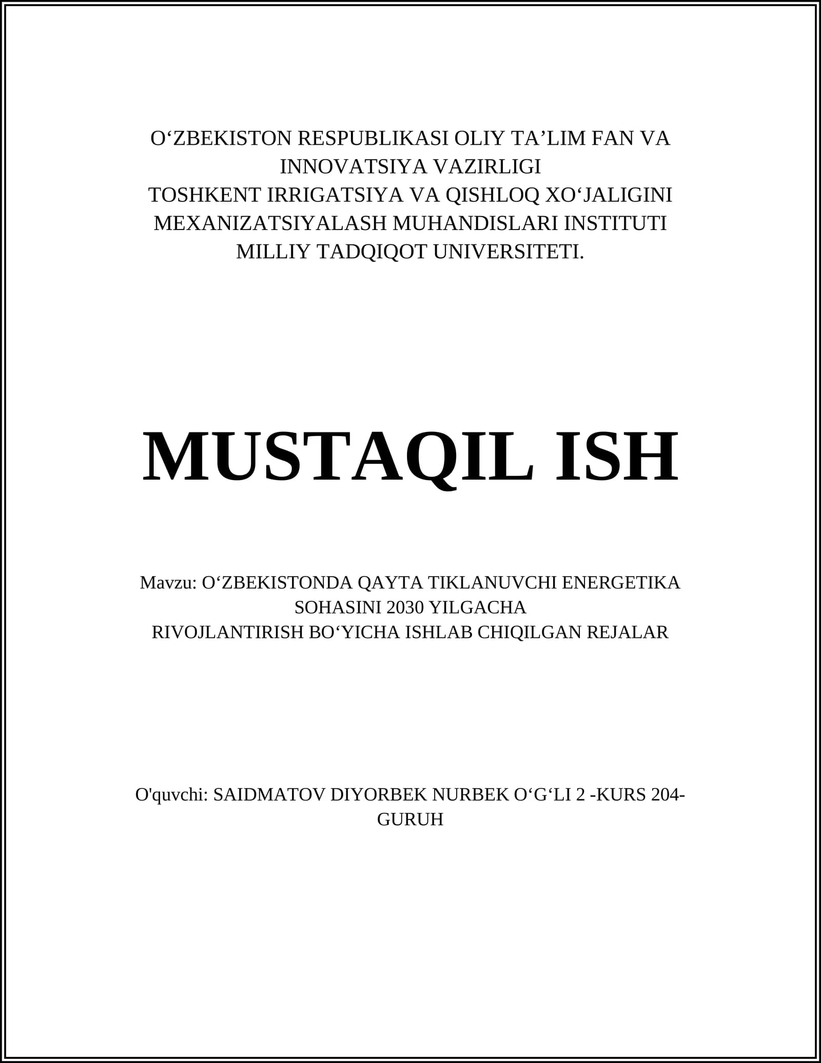 O‘ZBEKISTONDA QAYTA TIKLANUVCHI ENERGETIKA SOHASINI 2030 YILGACHA RIVOJLANTIRISH BO‘YICHA ISHLAB CHIQILGAN REJALAR
