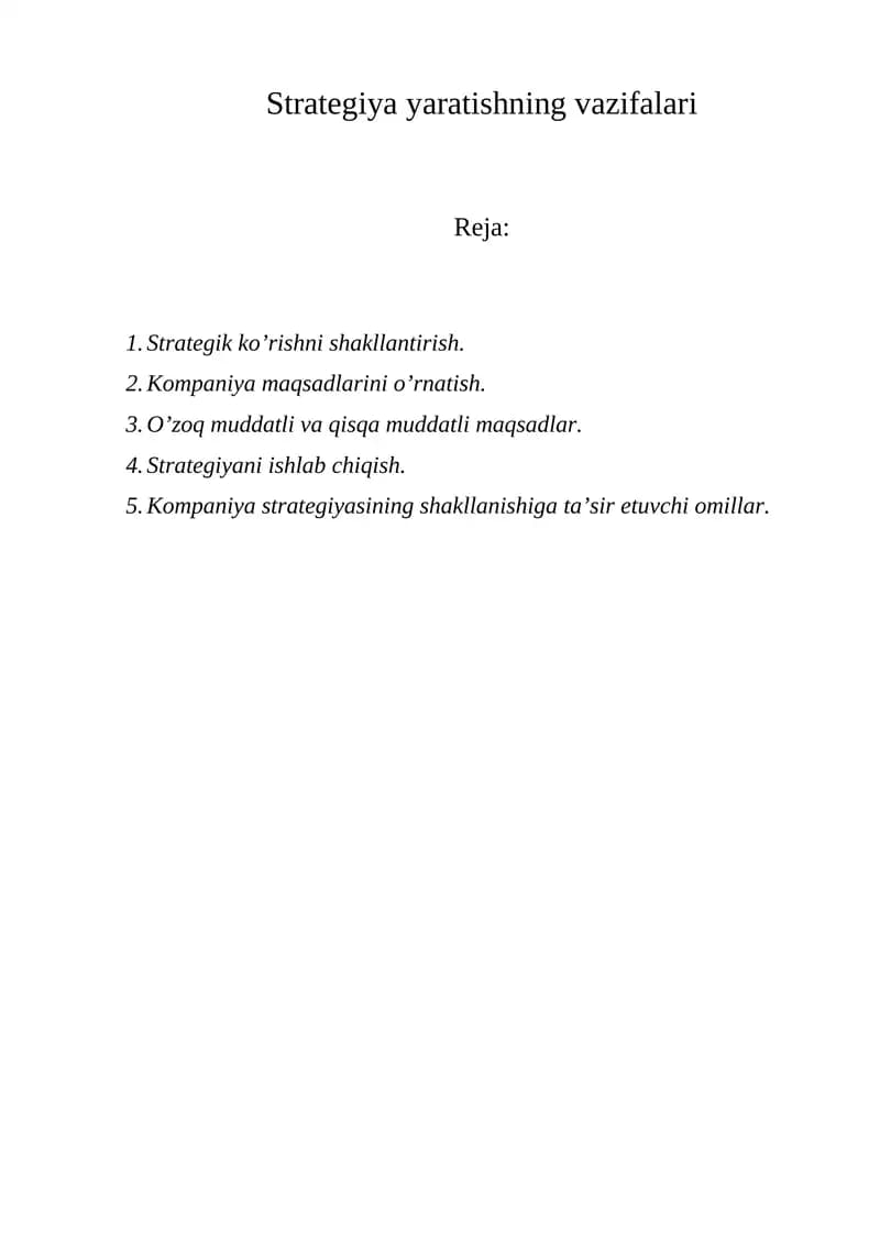 Strategiya yaratishning vazifalari