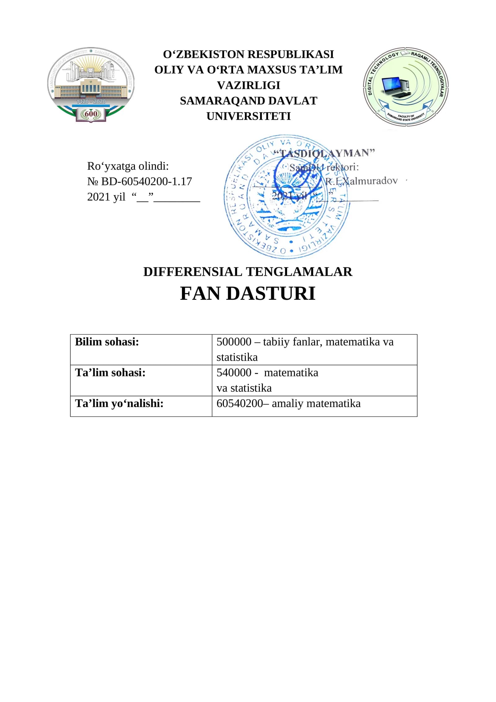 DIFFERENSIAL TENGLAMALAR FAN DASTURI