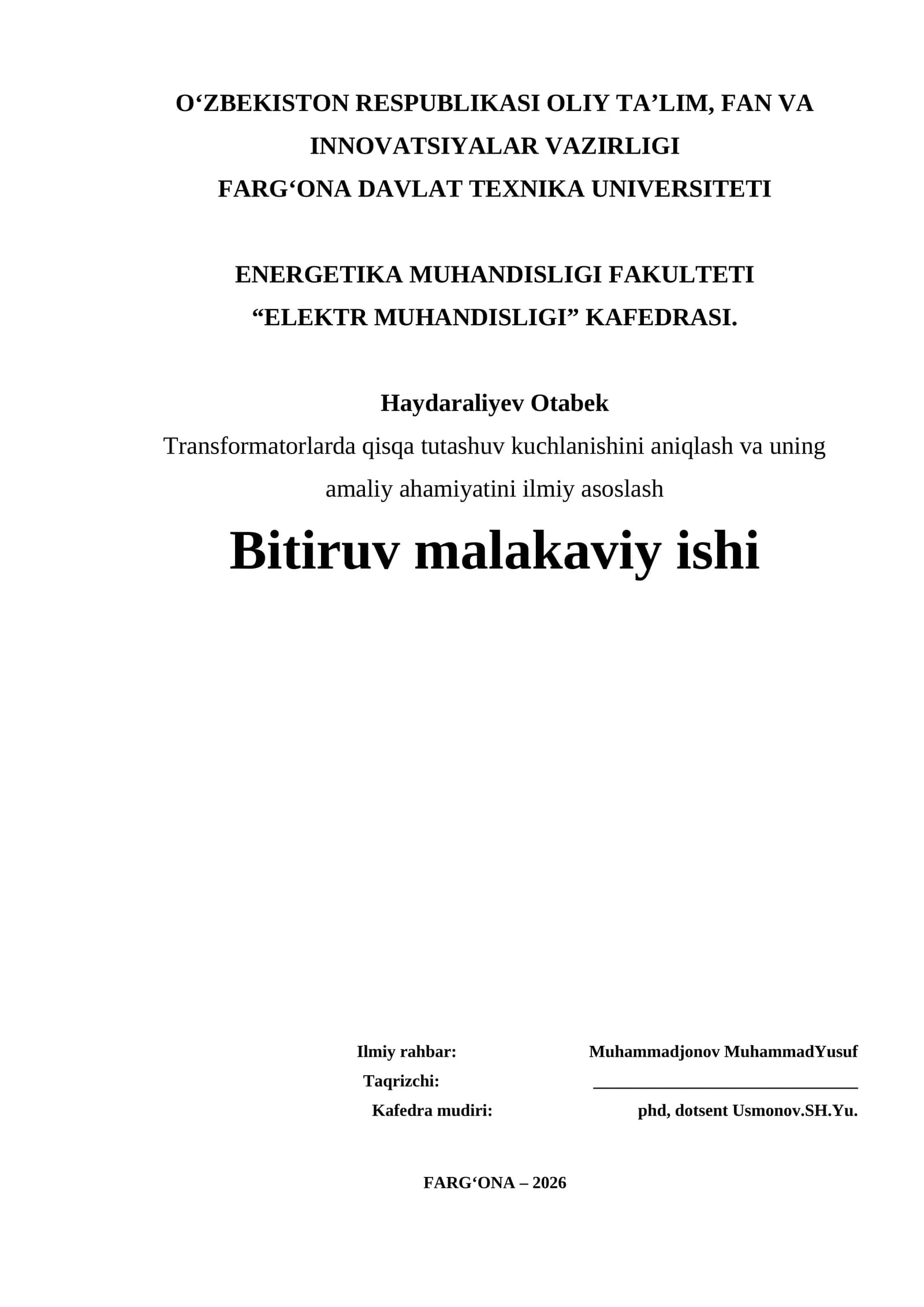 Transformatorlarda qisqa tutashuv kuchlanishini aniqlash va uning amaliy ahamiyatini ilmiy asoslash