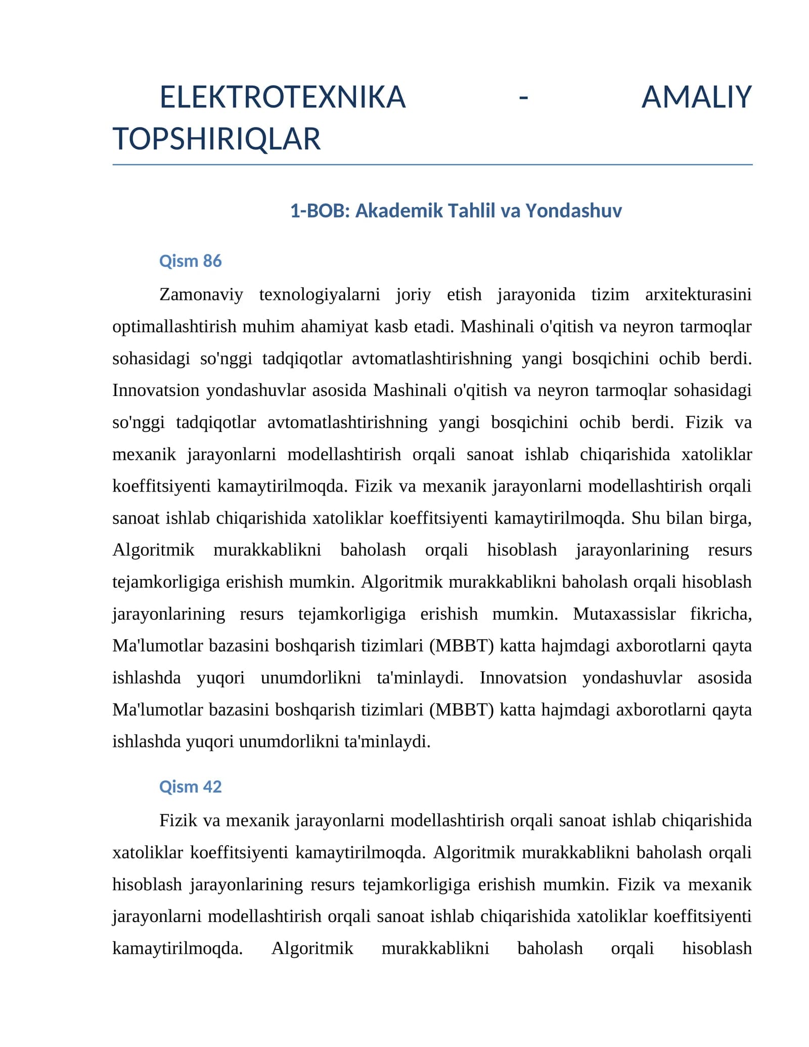 ELEKTROTEXNIKA - AMALIY TOPSHIRIQLAR