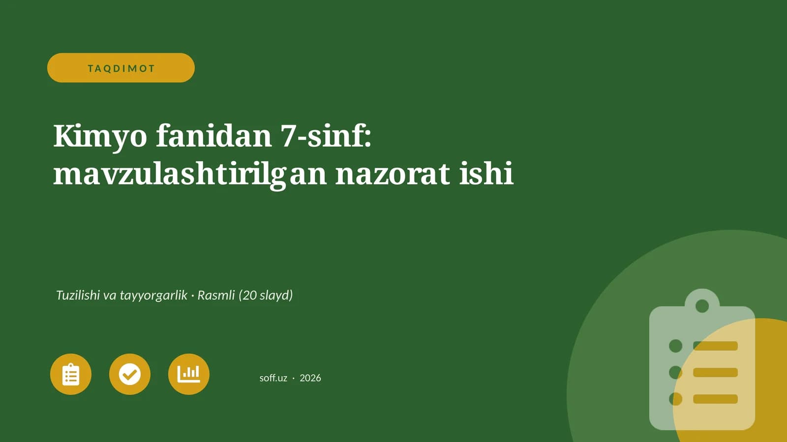 Kimyo fanidan 7-sinf: mavzulashtirilgan nazorat ishi
