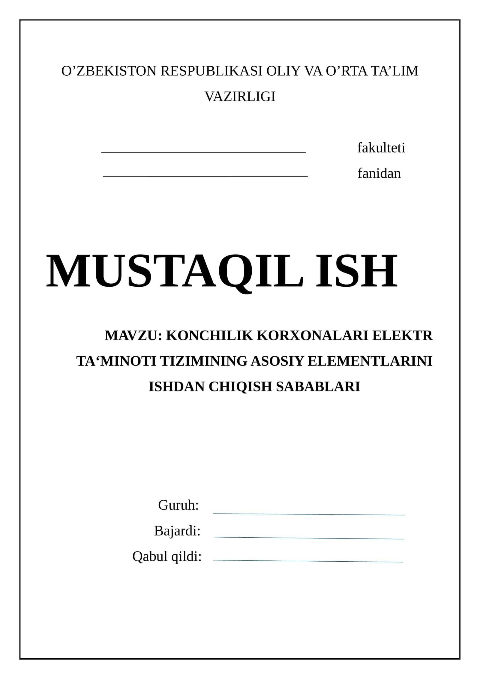 Konchilik korxonalari elektr ta'minoti tizimining asosiy elementlarini ishdan chiqish sabablari