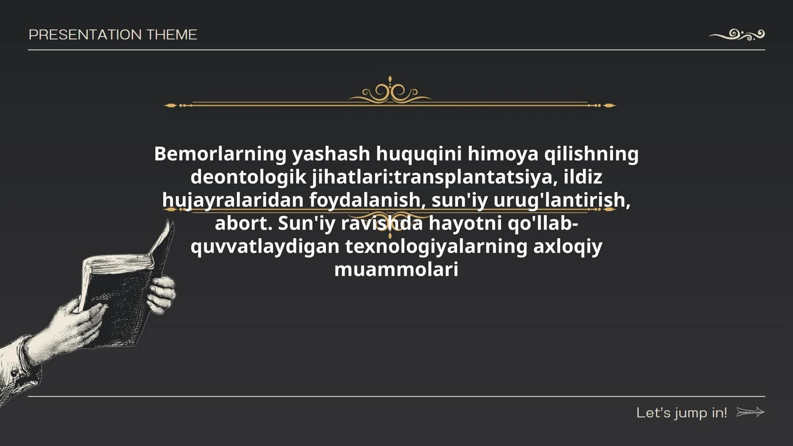 Bemorlarning yashash huquqini himoya qilishning deontologik jihatlari:transplantatsiya, ildiz hujayralaridan foydalanish, sun'iy urug'lantirish, abort