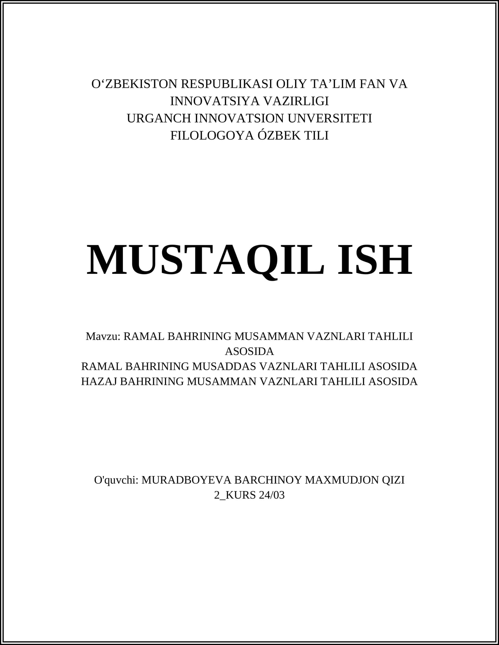 RAMAL BAHRINING MUSAMMAN VAZNLARI TAHLILI