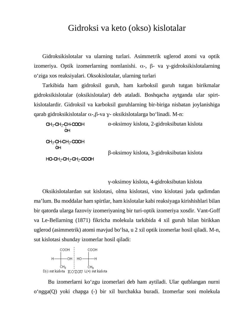 Gidroksi va keto (okso) kislotalar