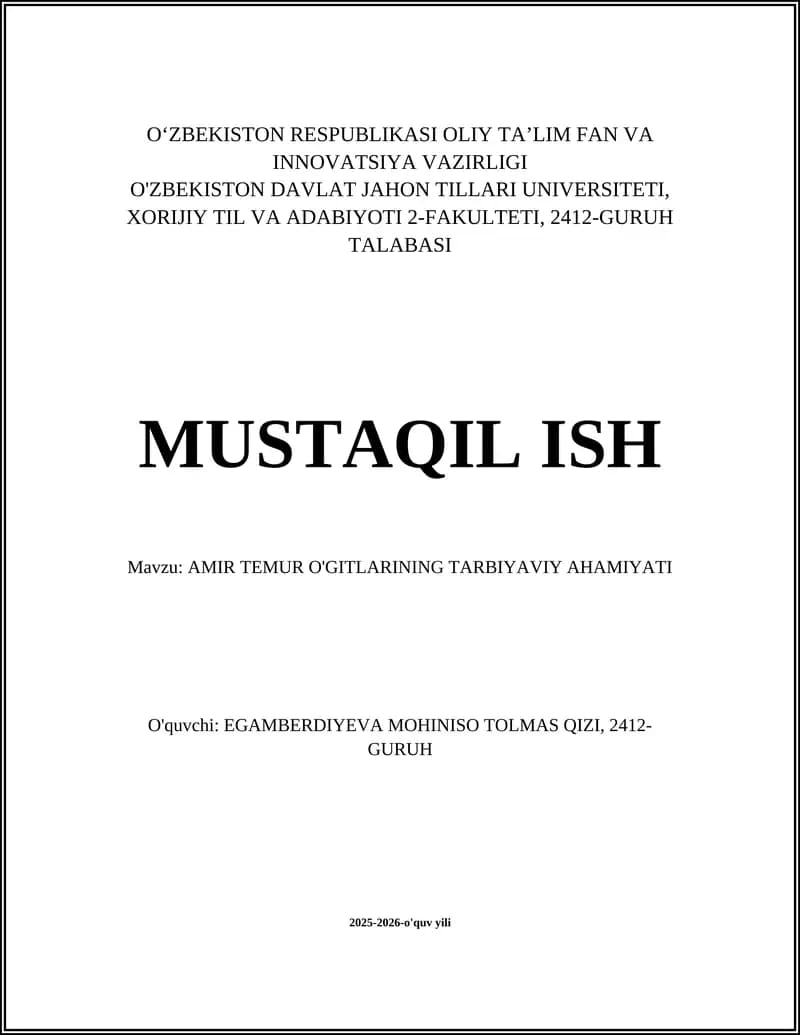 AMIR TEMUR O'GITLARINING TARBIYAVIY AHAMIYATI