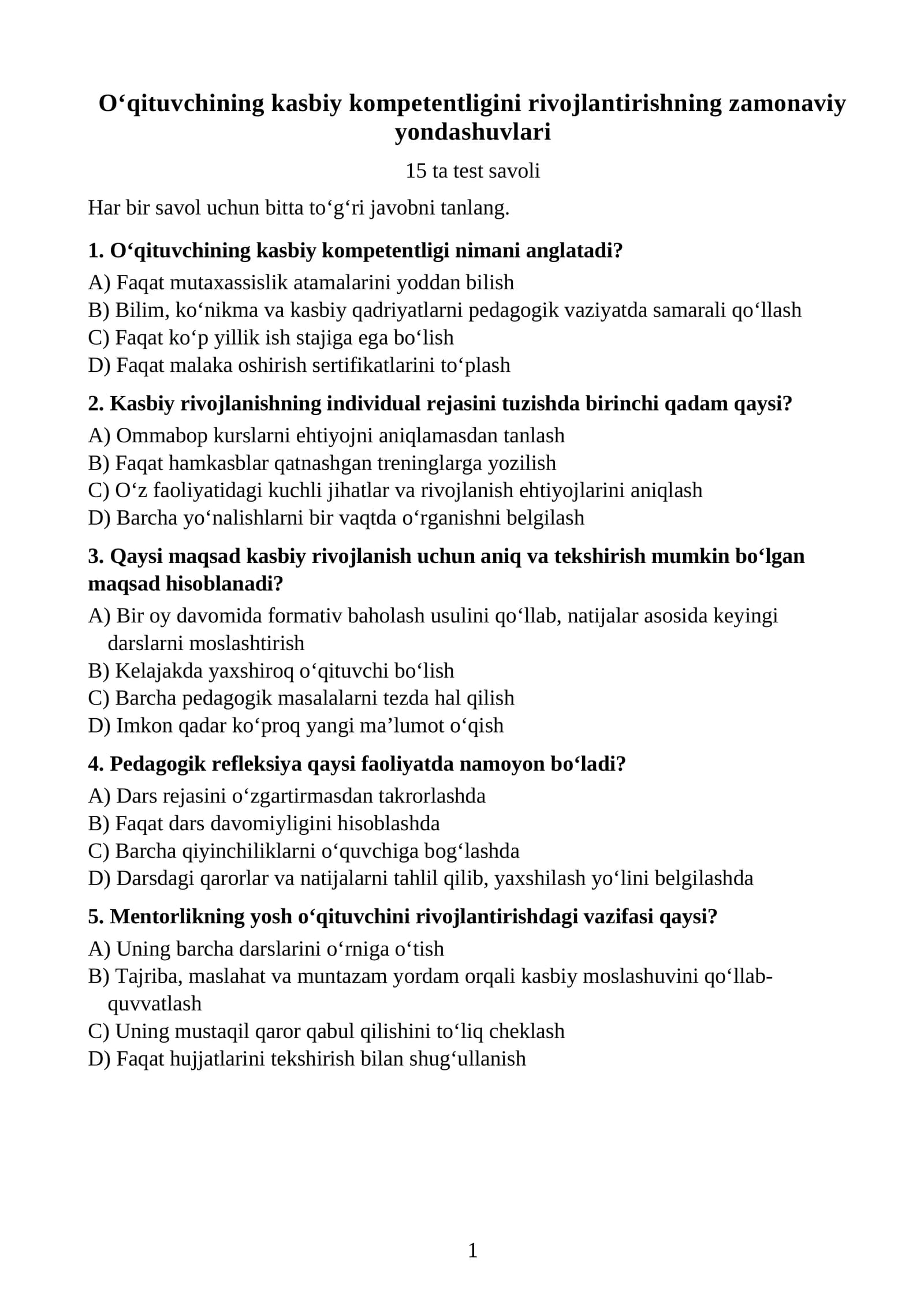 O‘qituvchining kasbiy kompetentligini rivojlantirishning zamonaviy yondashuvlari