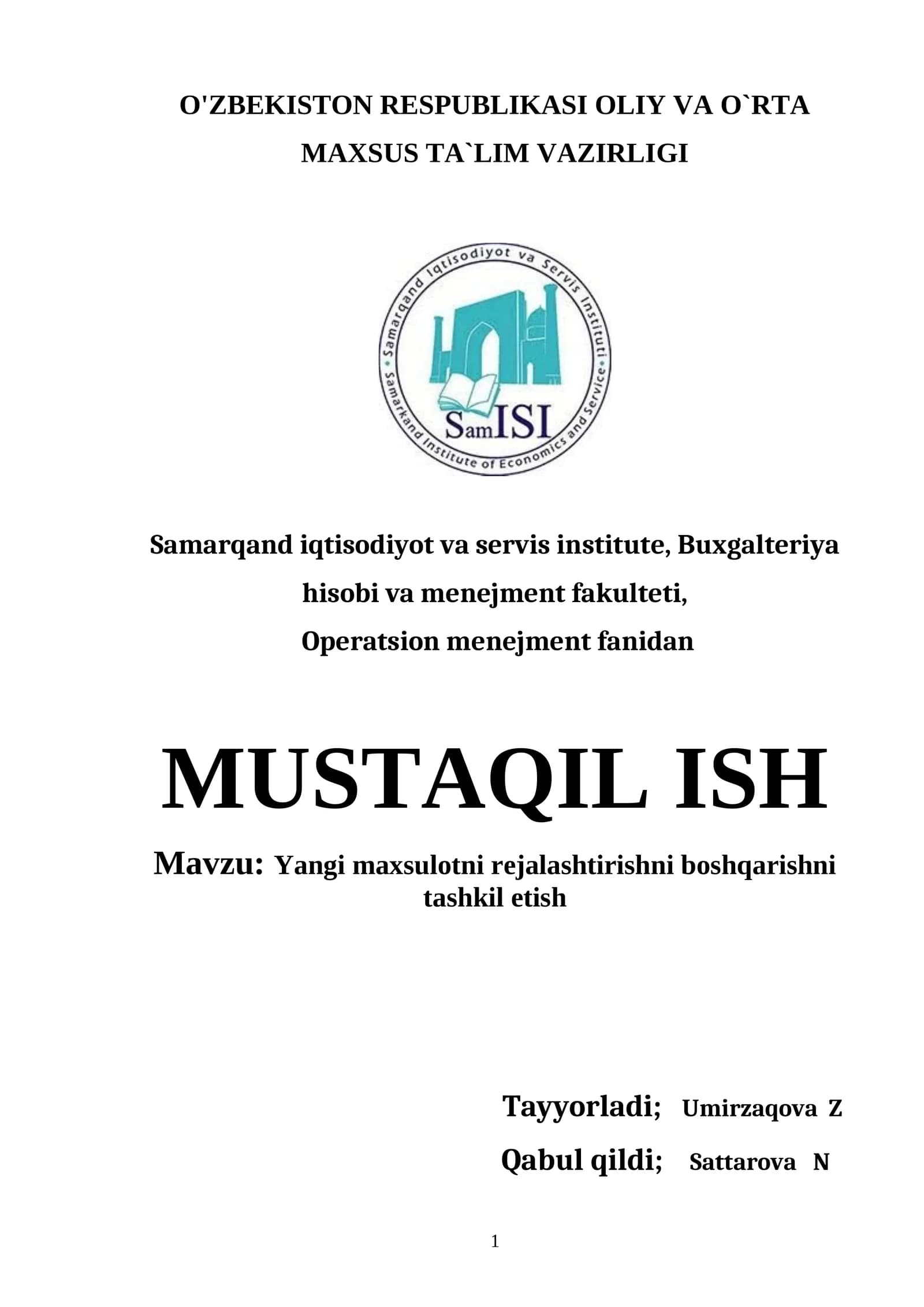 Yangi maxsulotni rejalashtirishni boshqarishni tashkil etish