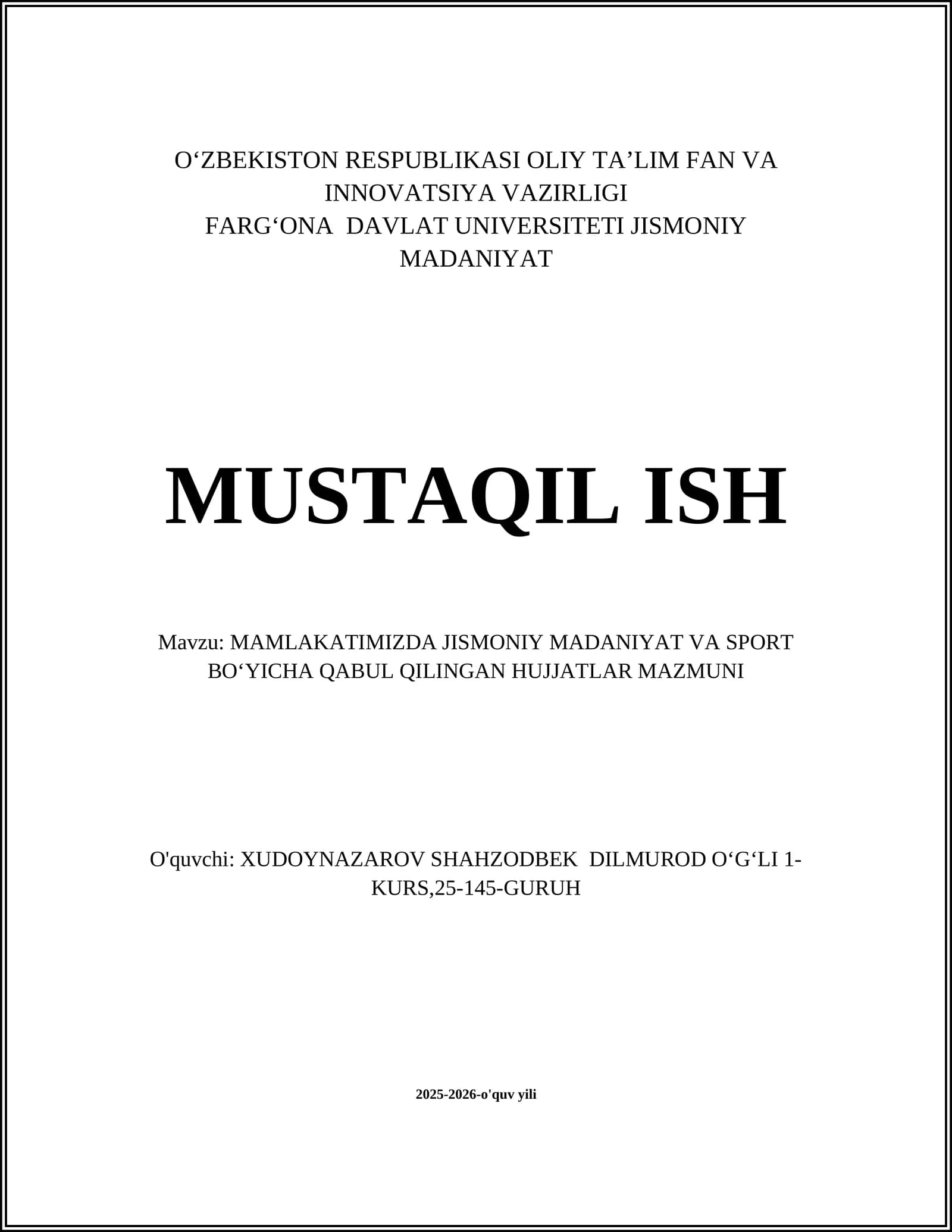 Mamlakatimizda Jismoniy Madaniyat va Sport Boʻyicha Qabul Qilingan Hujjatlar Mazmuni