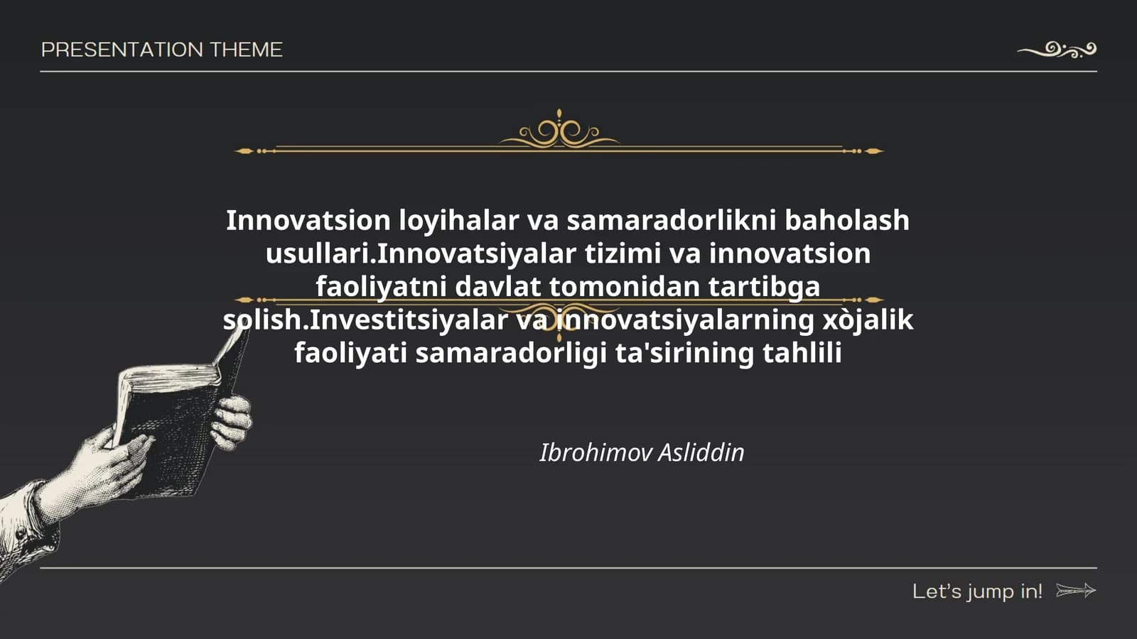 Innovatsion loyihalar va samaradorlikni baholash usullari.Innovatsiyalar tizimi va innovatsion faoliyatni davlat tomonidan tartibga solish.Investitsiyalar va innovatsiyalarning xòjalik faoliyati samaradorligi ta'sirining tahlili