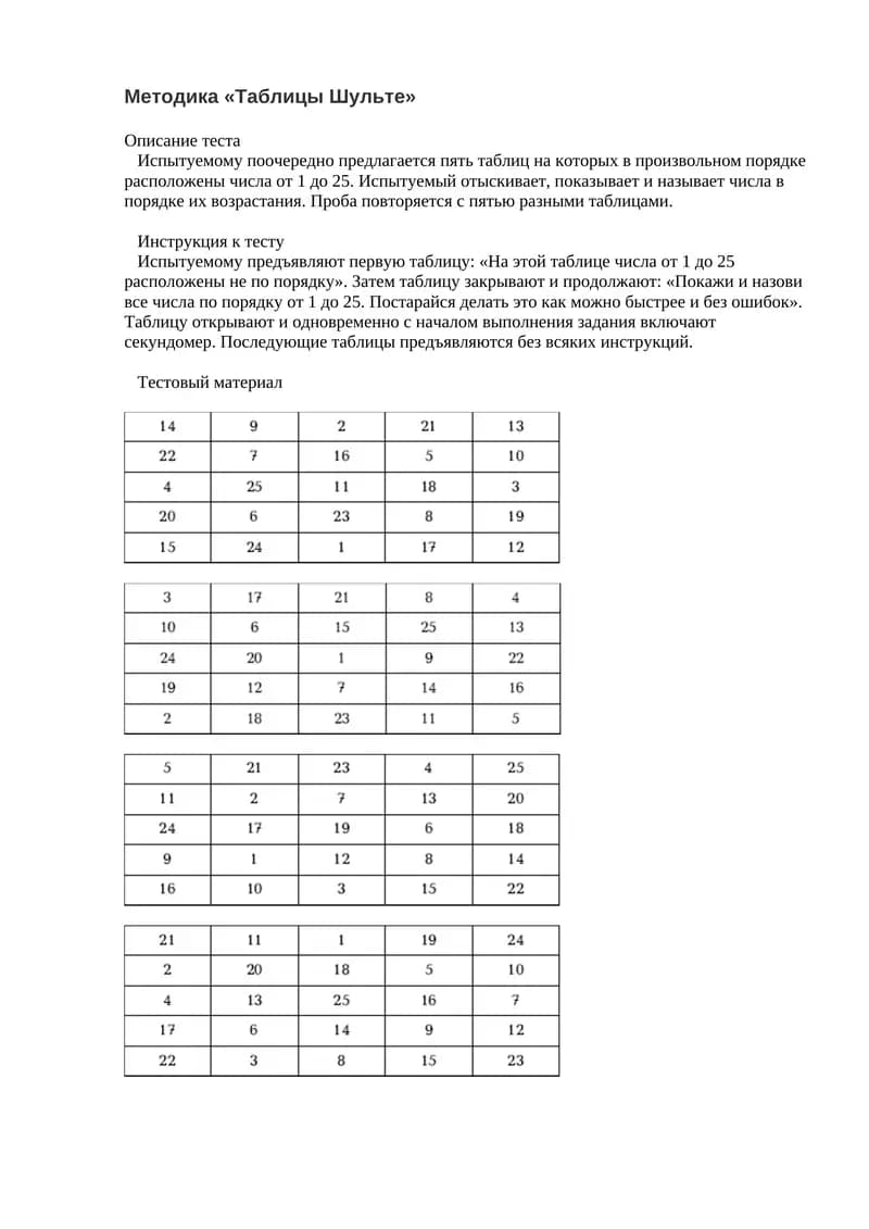 Методика «Таблицы Шульте»
