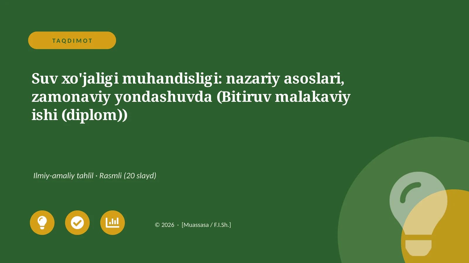 Suv xo'jaligi muhandisligi: nazariy asoslari, zamonaviy yondashuvda (Bitiruv malakaviy ishi (diplom))