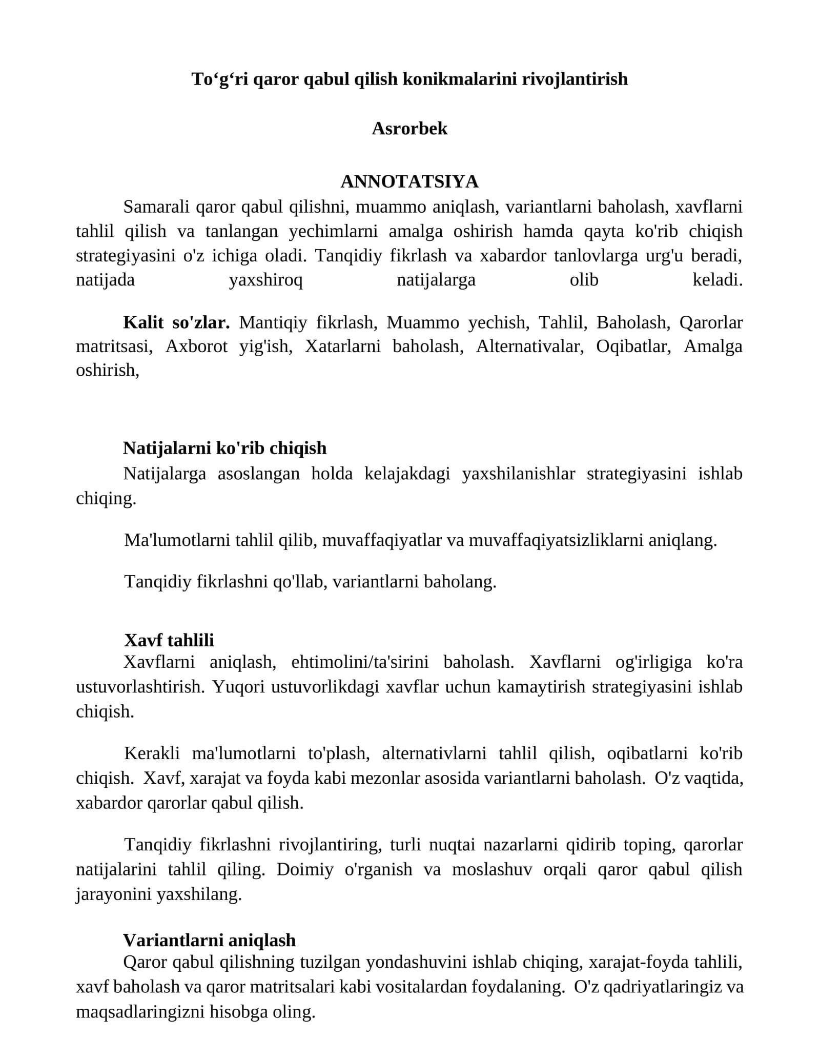 Toʻgʻri qaror qabul qilish konikmalarini rivojlantirish