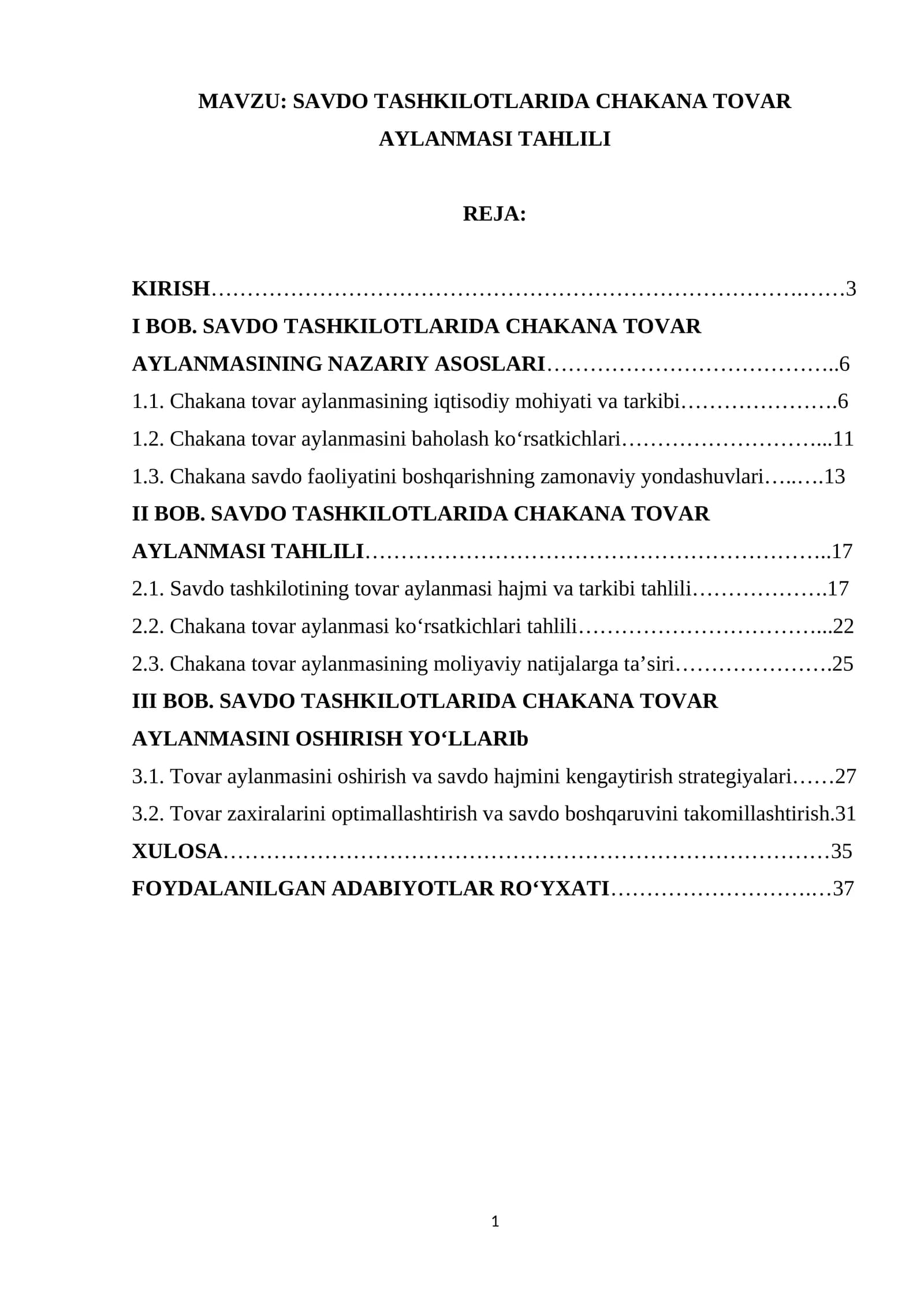 SAVDO TASHKILOTLARIDA CHAKANA TOVAR AYLANMASI TAHLILI