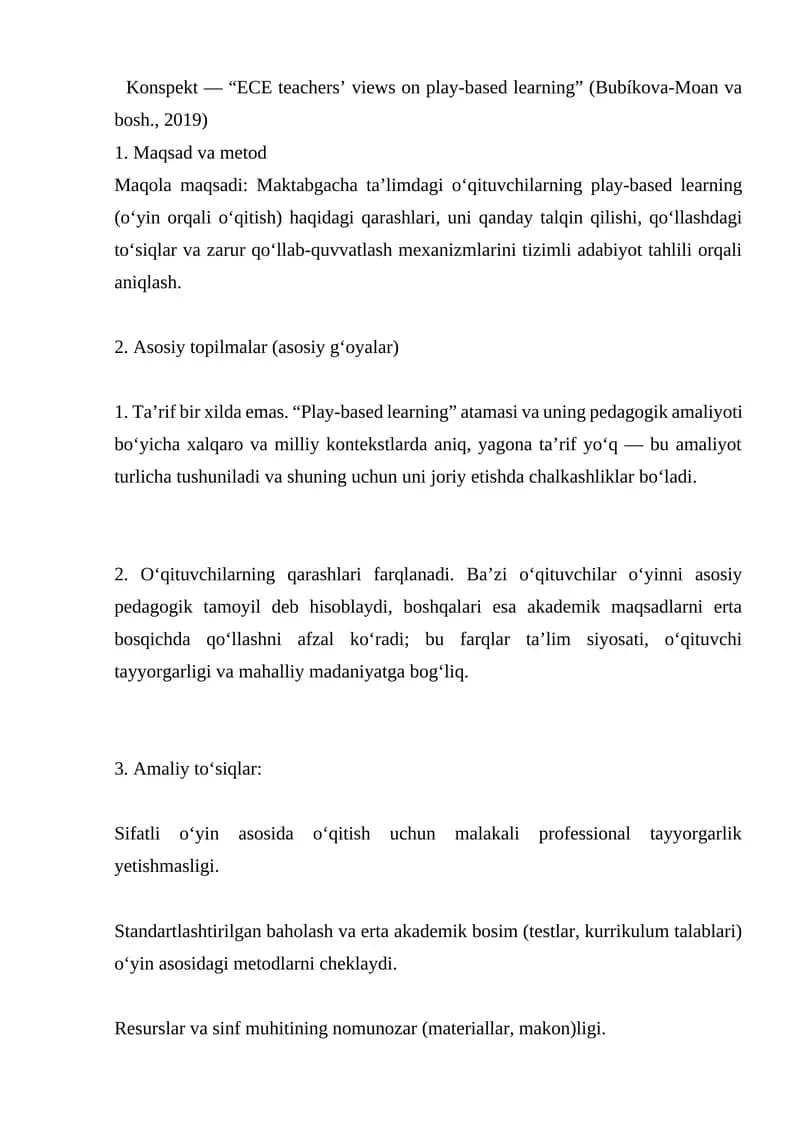 Konspekt - “ECE teachers’ views on play-based learning” (Bubíkova-Moan va bosh., 2019)