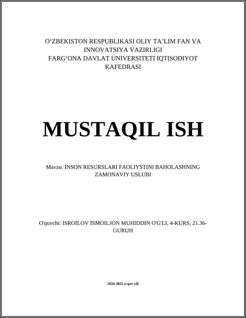 INSON RESURSLARI FAOLIYSTINI BAHOLASHNING ZAMONAVIY USLUBI
