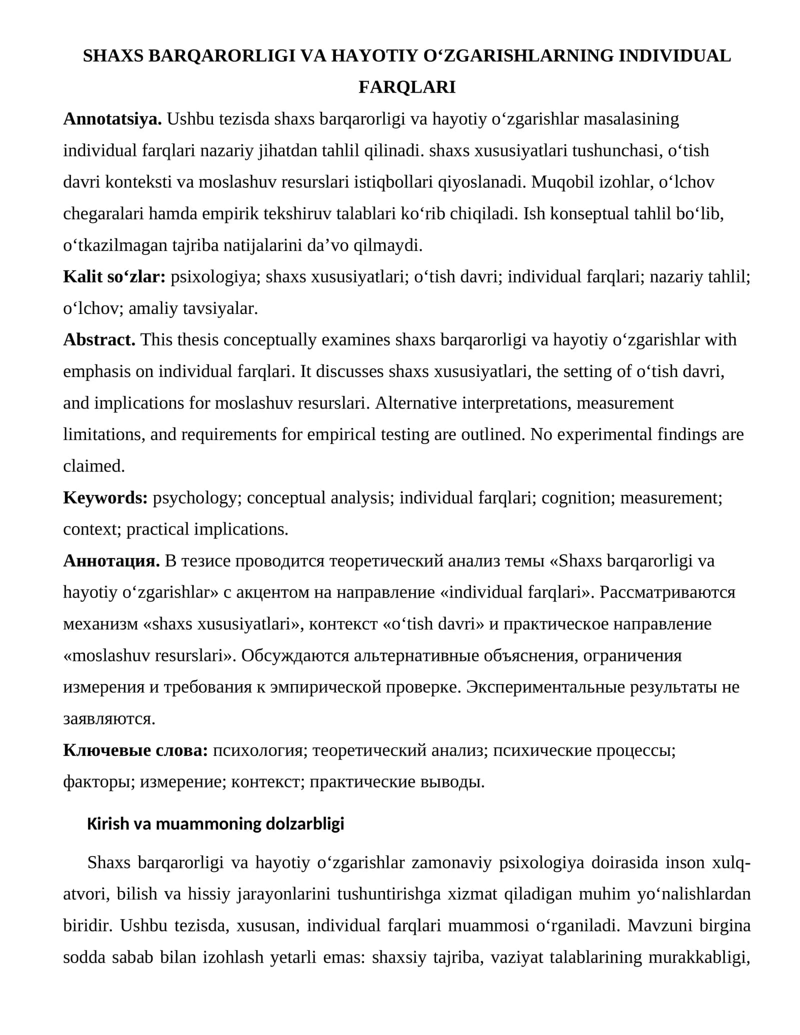Shaxs Barqarorligi va Hayotiy O‘zgarishlarning Individual Farqlari