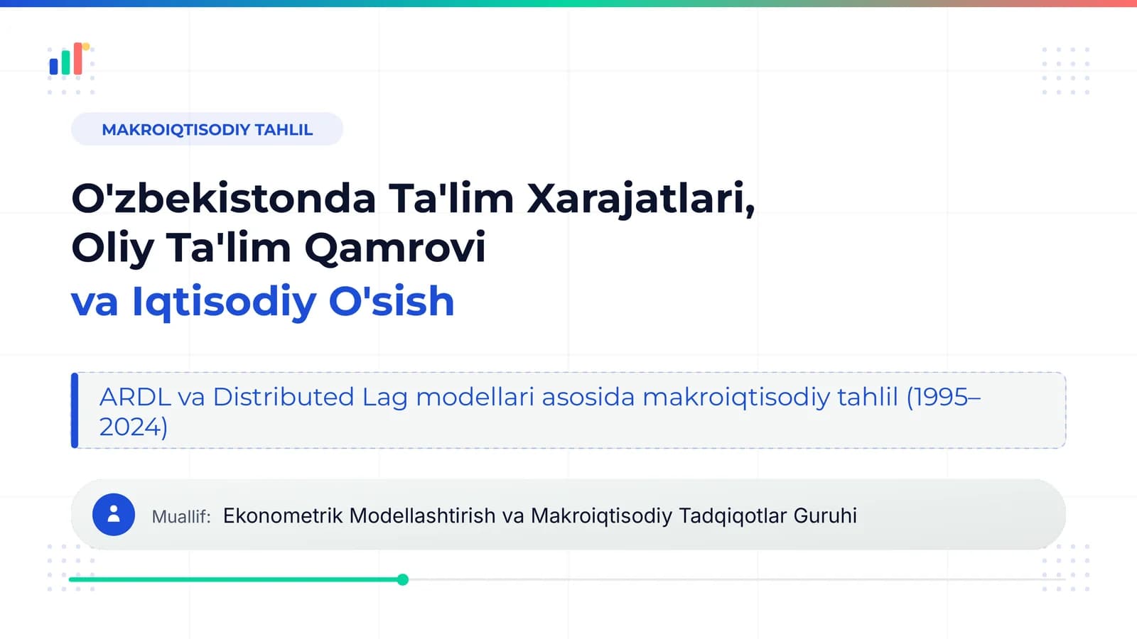 Ta'lim xarajatlari, oliy ta'lim qamrovi va iqtisodiy o'sish Dolzarbligi va yangiligi: Oliy ta'lim qamrovi 2017-yildan 3 barobar oshdi. Yangilik: qamrovning keskin oshishi o'sishga kechikish bilan ta'sirini baholash.