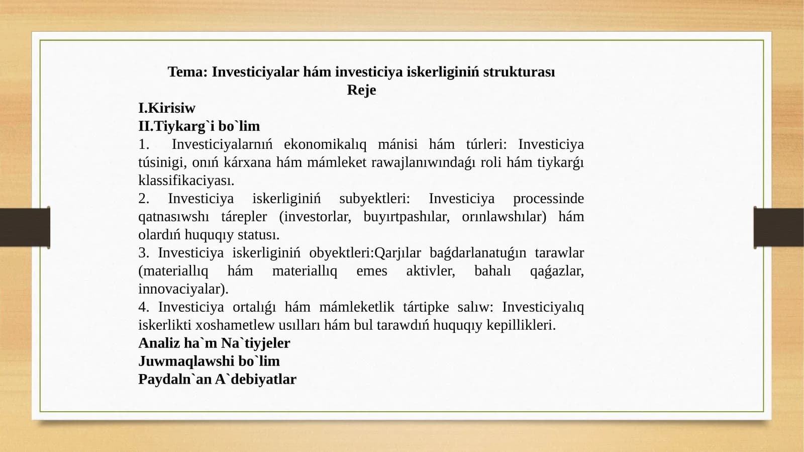 Investiciyalar hám investiciya iskerliginiń strukturası
