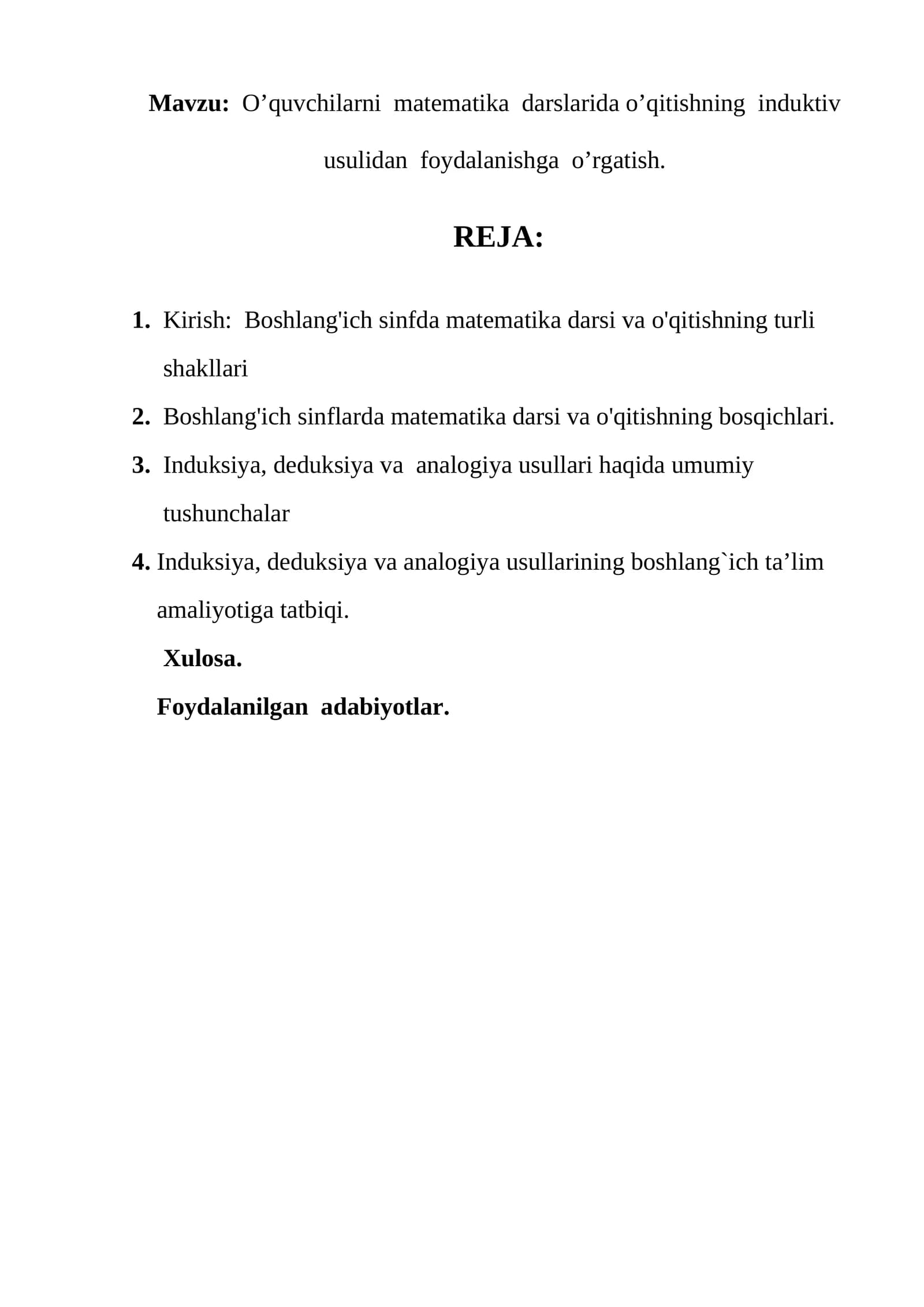 O’quvchilarni matematika darslarida o’qitishning induktiv usulidan foydalanishga o’rgatish