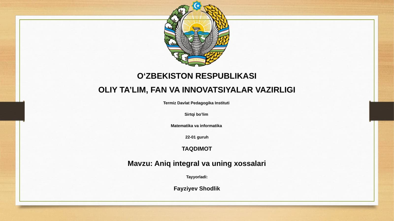 Aniq integral va uning xossalari
