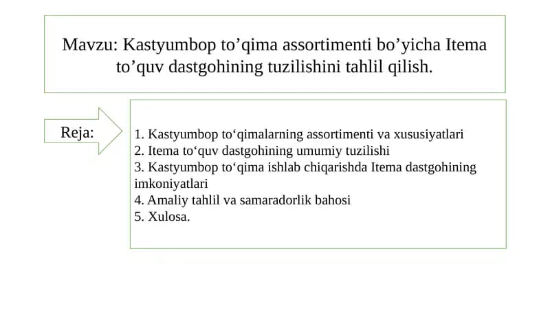 Kastyumbop to‘qimalar assortimenti bo‘yicha Itema to‘quv dastgohini tuzilishi