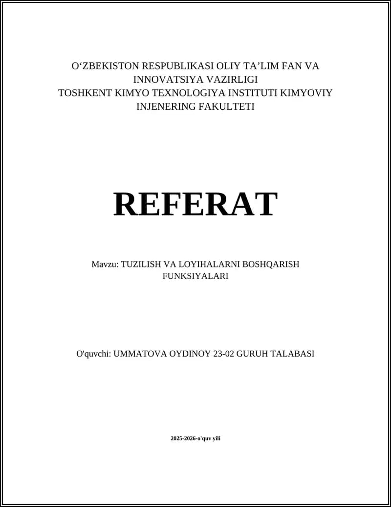 TUZILISH VA LOYIHALARNI BOSHQARISH FUNKSIYALARI