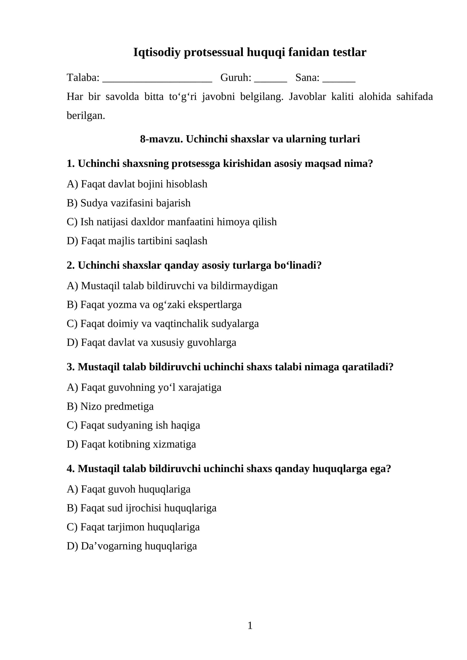 Uchinchi shaxslar va ularning turlari TEST.