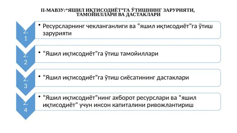 II-МАВЗУ:“ЯШИЛ ИҚТИСОДИЁТ”ГА ЎТИШНИНГ ЗАРУРИЯТИ,ТАМОЙИЛЛАРИ ВА ДАСТАКЛАРИ