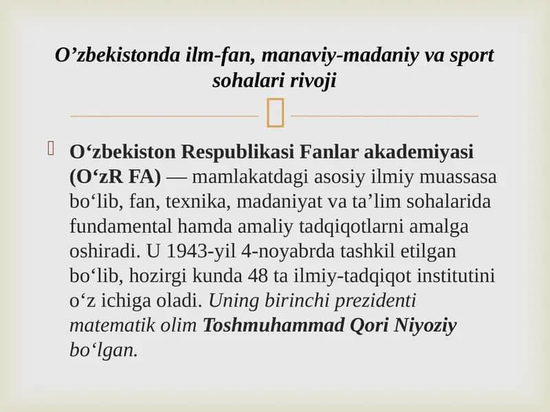Oʼzbekistonda ilm-fan, manaviy-madaniy va sport sohalari rivoji