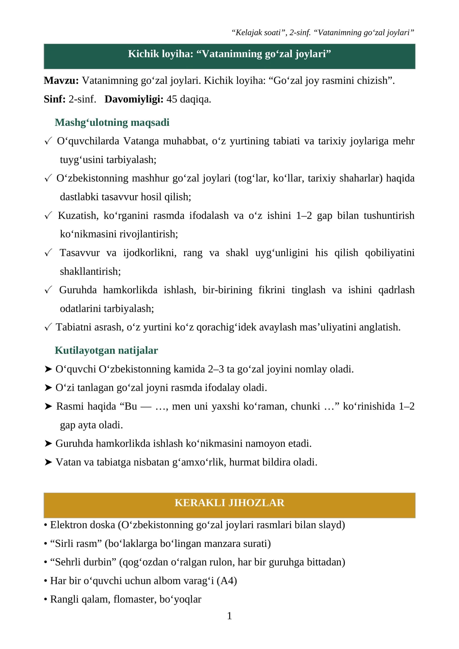 Kelajak soati fanidan: Vatanimning go‘zal joylari. Dars ishlanma
