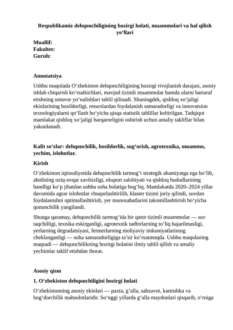 O‘zbekiston dehqonchiligining hozirgi holati, muammolari va hal qilish yo‘llari