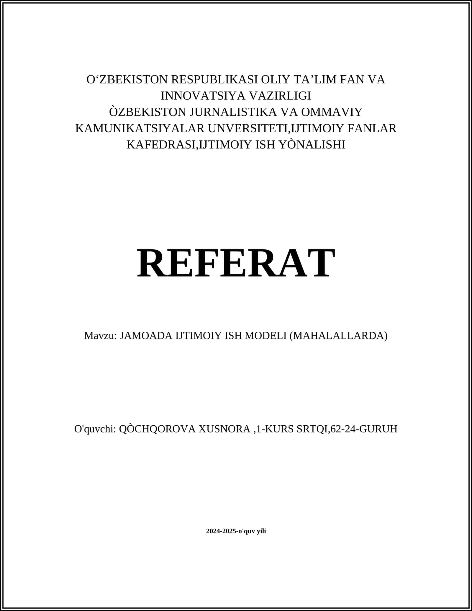 JAMOADA IJTIMOIY ISH MODELI (MAHALALLARDA)