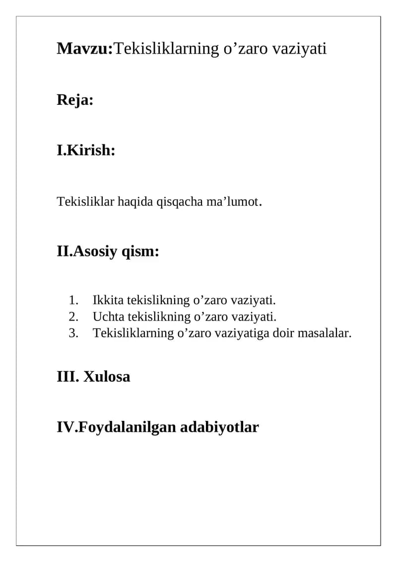 Tekisliklarning o’zaro vaziyati