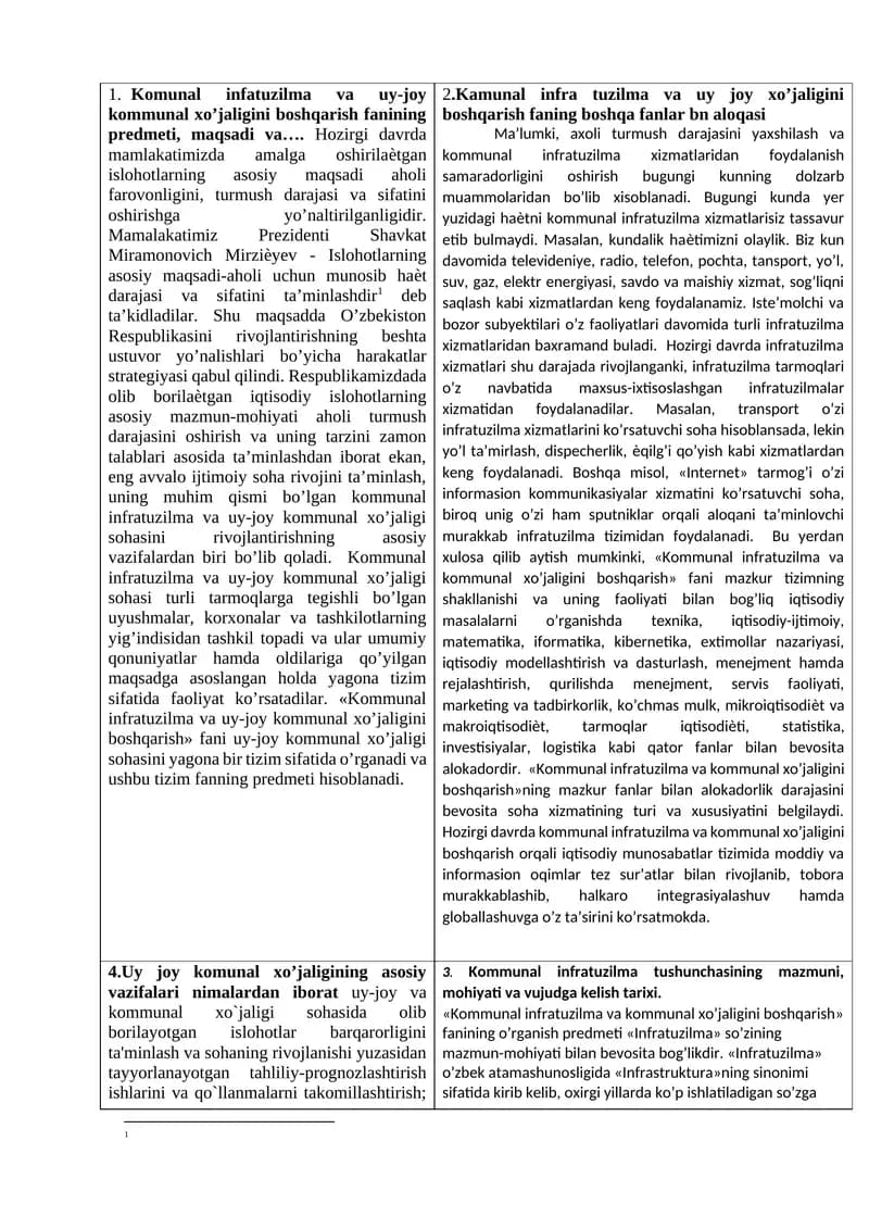Kommunal Infrastruktur va Uy-Joy Kommunal Xo’jaligini Boshqarish Fanining Maqsadi