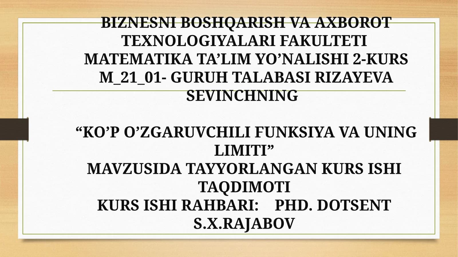 “KO’P O’ZGARUVCHILI FUNKSIYA VA UNING LIMITI” MAVZUSIDA TAYYORLANGAN KURS ISHI