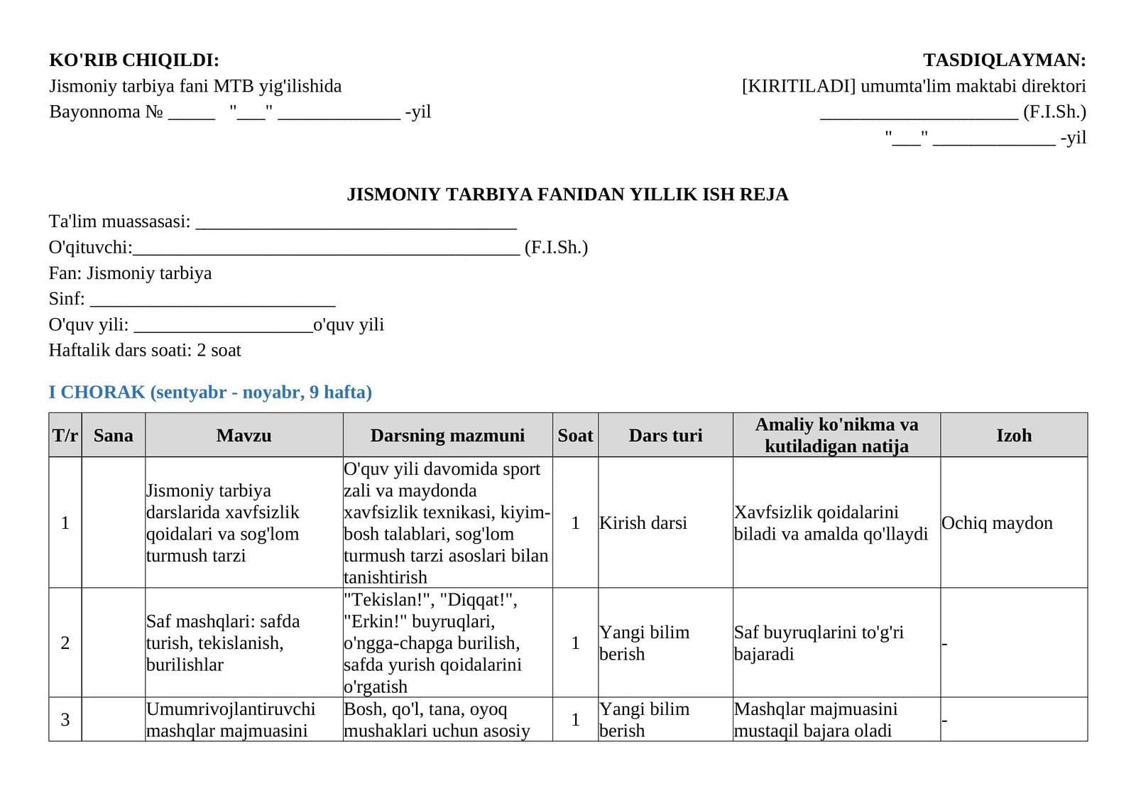 Jismoniy tarbiya fanidan yillik ish reja namunasi       Jismoniy tarbiya yillik ish reja
