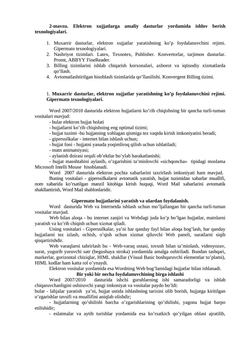 Elektron xujjatlarga amaliy dasturlar yordamida ishlov berish texnologiyalari