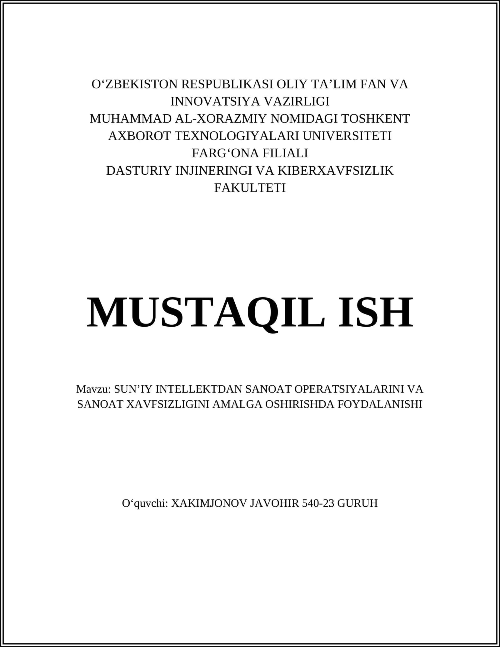 SUN’IY INTELLEKTDAN SANOAT OPERATSIYALARINI VA SANOAT XAVFSIZLIGINI AMALGA OSHIRISHDA FOYDALANISHI