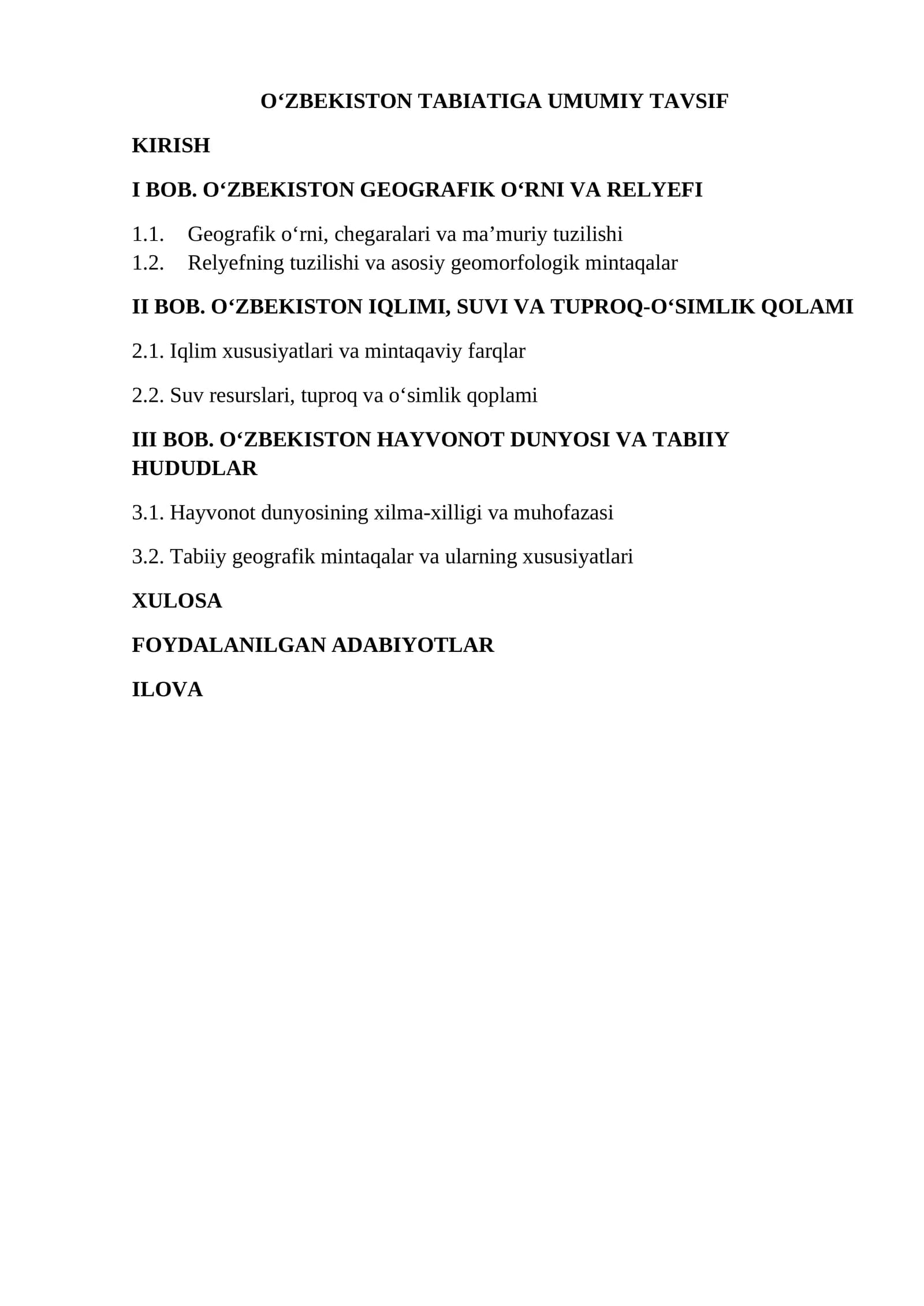 O'ZBEKISTON TABIATIGA UMUMIY TAVSIF
